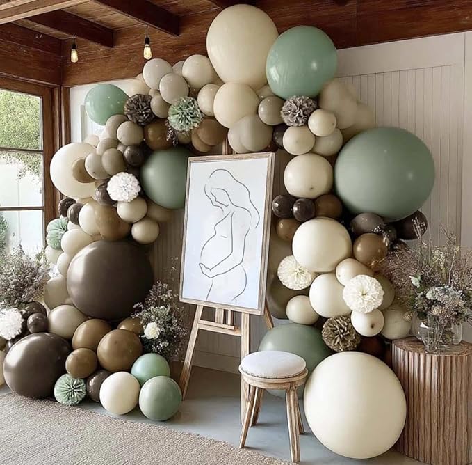Dusty Green Nude Balloon Arch Double Stuffed Sage Green Brown Beige White Sand Balloon Garland Kit Tissue Paper Pom for Neutral Baby Shower Birthday Woodland Wedding Wild One Party Decor