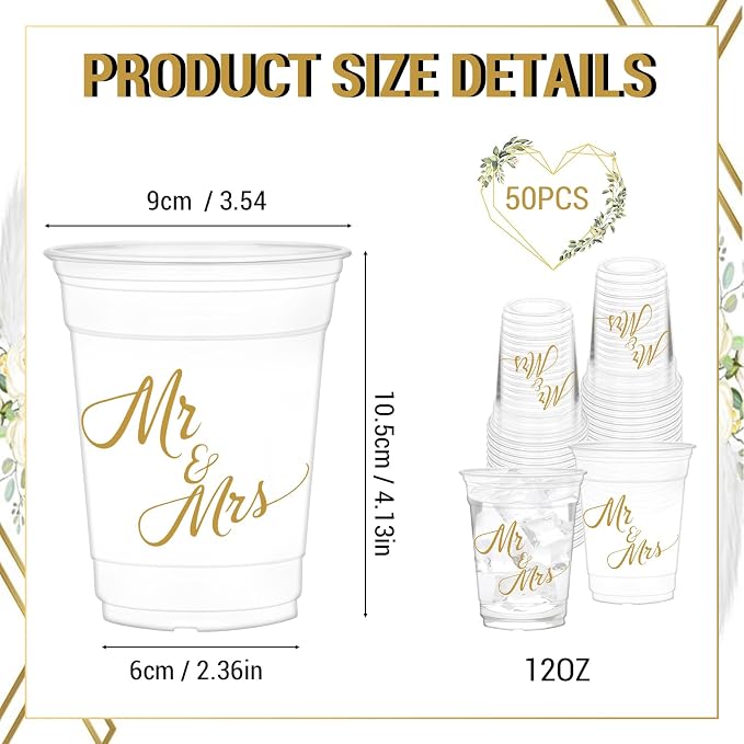 50Pcs Mr and Mrs Cups, 12oz Wedding Plastic Cups for Home Kitchen Decorations Wedding Reception Supplies Birthday Party Favors