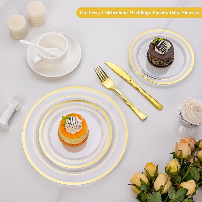 Goodluck 200PCS Clear Gold Plastic Plates, Heavy Duty Disposable Clear Plates with 100 10.25 inch Dinner Plates and 100 7.5 inch Dessert Plates for Party, Holiday, Wedding