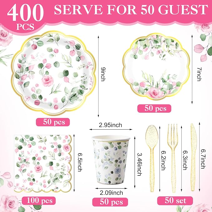 400 Pcs Sage Green Color Party Supplies Serve 50 Guests Eucalyptus Flowers Disposable Paper Plates Napkins and Cups for Bridal Baby Shower Birthday Wedding Party Decorations (Pink,Elegant)