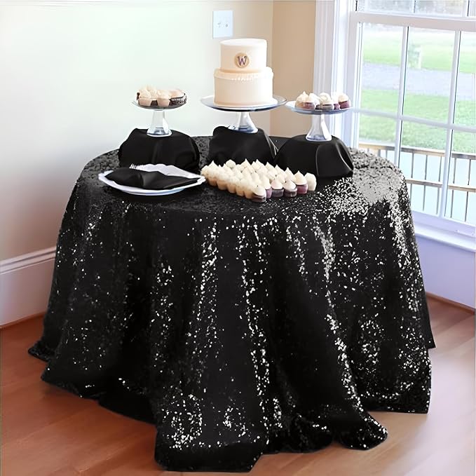 132 Inch Round Black Sequin Tablecloth, Metallic Large Glitter Sparkle Table Cloth for Dining Banquet Table, Sequin Table Linen for Wedding Graduation Party Decorations
