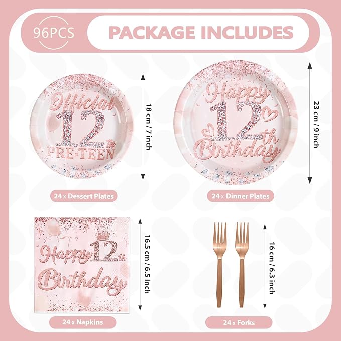 Grencian 12th Birthday Decorations Rose Gold 12th Birthday Plates and Napkins Disposable Rose Gold Official 12 Pre-Teen Paper Tableware Set for Girls 12 Year Old Graduation Party Supplies, Serves 24
