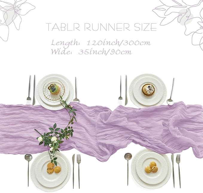 IVAPUPU 4 Pcs Cheesecloth Table Runner - 10ft Lilac Purple Lavender Boho Gauze Cheese Cloth Table Runners for Baby Shower Decorations Wedding Party Summer Garden Decor
