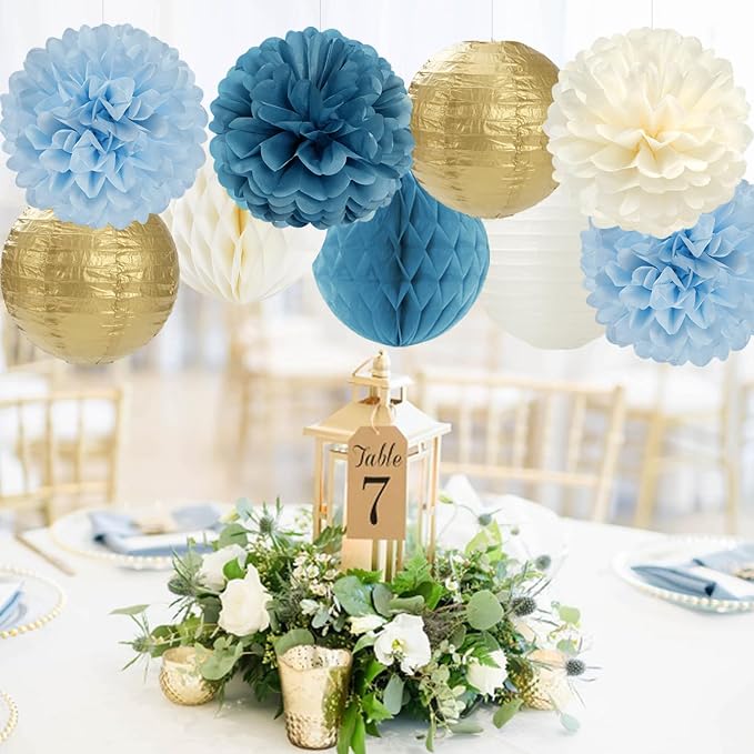 Dusty Blue Champagne Gold Beige Paper Flowers Tissue Pom Poms Honeycomb Lanterns 15pcs Party Decorations Boy Birthday Wedding Baby Bridal Shower Hanging Supplies Mprocherify