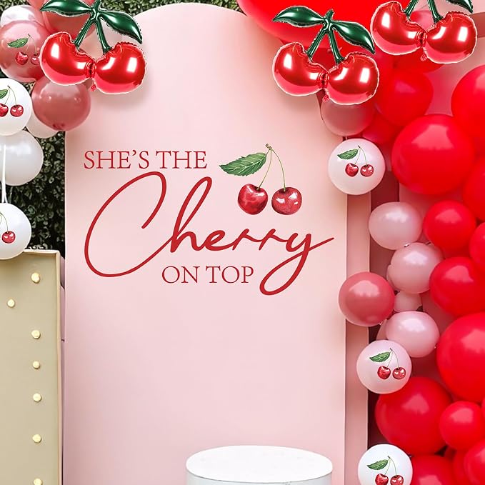 Cherry On Top Baby Shower Decorations - Shes The Cherry On Top Decal for Balloons Arch Backdrop, Red First Birthday Sweet Girl Birthday Party Decorations, 1st Party Supplies Banner for Girls