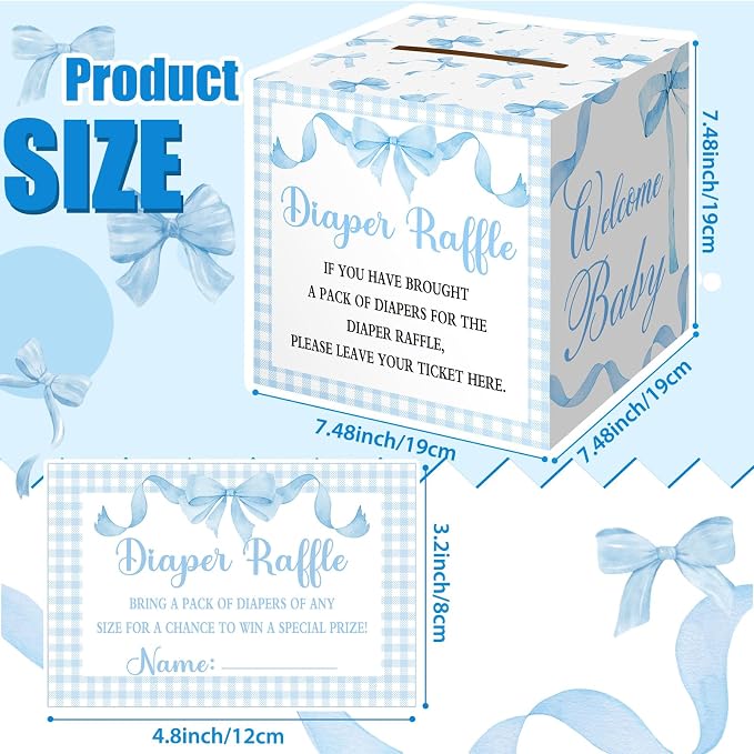 Teling 51 Pieces Diaper Raffle Tickets with Card Box Baby Shower Decorations Gender Reveal Holder Box for Girl Boy Diaper Raffle Party (Blue Bow)