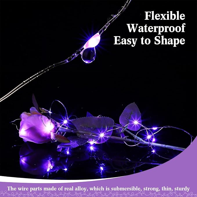 Hortsun 100 Packs Fairy Lights Battery Operated 3 Speed Modes, 7 Ft/ 2 M 20 LED Battery String Mini Waterproof Wire Twinkle Lights Bulk for Wedding Party Birthday Vases Decor (Purple Light)