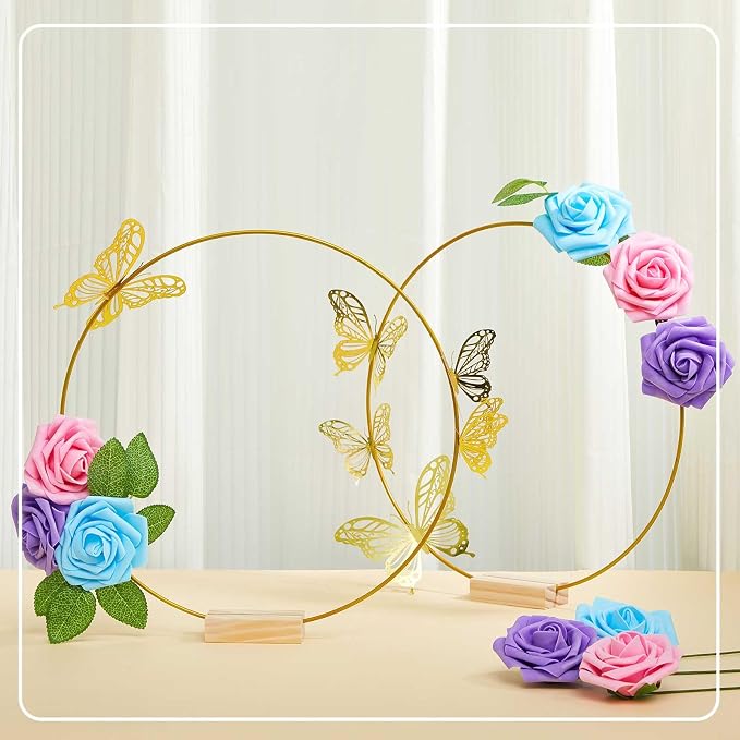 Vercraft 12 Set Butterfly Metal Floral Hoop Table Centerpieces, Metal Ring with 3D Butterfly Decor, PE Foam Flower, Adhesive Dot, Gold Wires for DIY Wedding Party(Blue, Purple, Pink,Round)