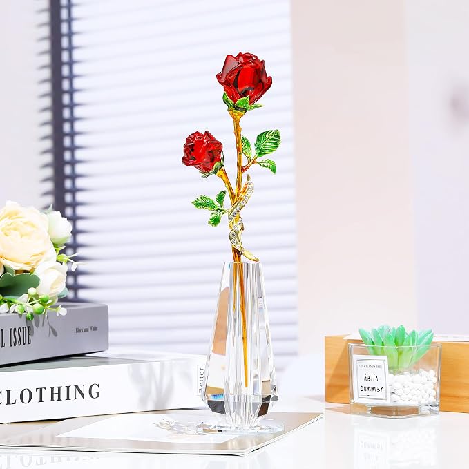 YWHL Handmade Red Rose Flower Crystal Figurine with Vase, Bouquet Glass Flowers Ornament Rose Gifts for Wife Girlfriend Women, Crystal Flower Home Table Decor for Anniversary Wedding