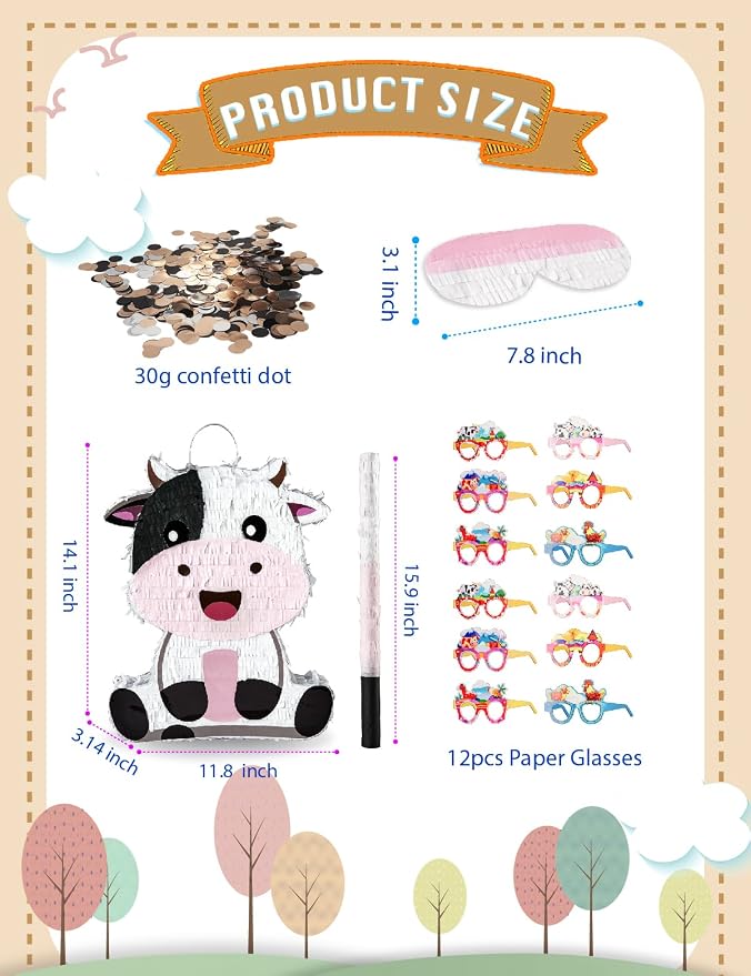 Cute Cow Piñata for Birthday Girls and Boys, Pink Cow Piñata Includes 12pcs Paper Glasses, Blindfold, Stick, and Confetti, Perfect Farm Animal Themed Party Decorations (16 x 13 x 3.5 Inch)