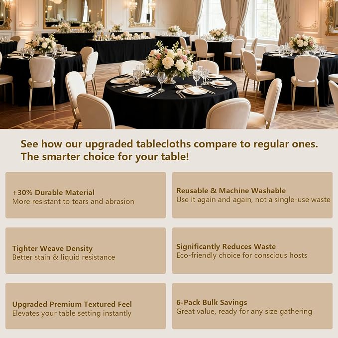 Black Round Tablecloths 6-Pack, 90 Inches in Diameter | Reusable & Washable Table Cloths for 30-72 Inch Round Tables, Polyester Fabric Tablecloth for Wedding, Party, Banquet