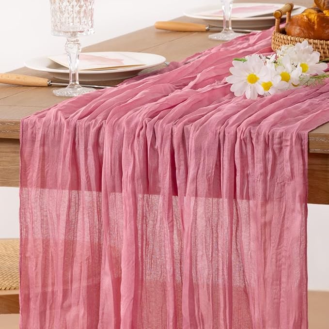 MLMC 3 Pack Mauve Pink Table Runner 10ft Sheer Gauze Spring Cheesecloth Table Runner Bulk Rustic Cheese Cloth Decor 35x120 Inches for Boho Wedding Bridal Baby Shower Birthday Party Decor