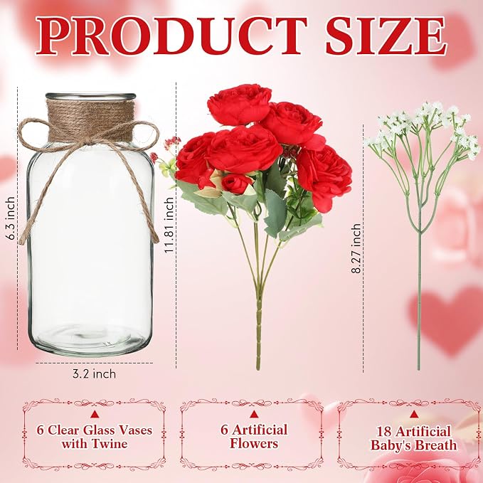 Zeyune 6 Sets Mason Jar Table Centerpiece with Artificial Peony Baby's Breath Flower Centerpieces Faux Flowers with Rope for Wedding Reception Engagement Bridal Shower Rustic Table Decor(Red)