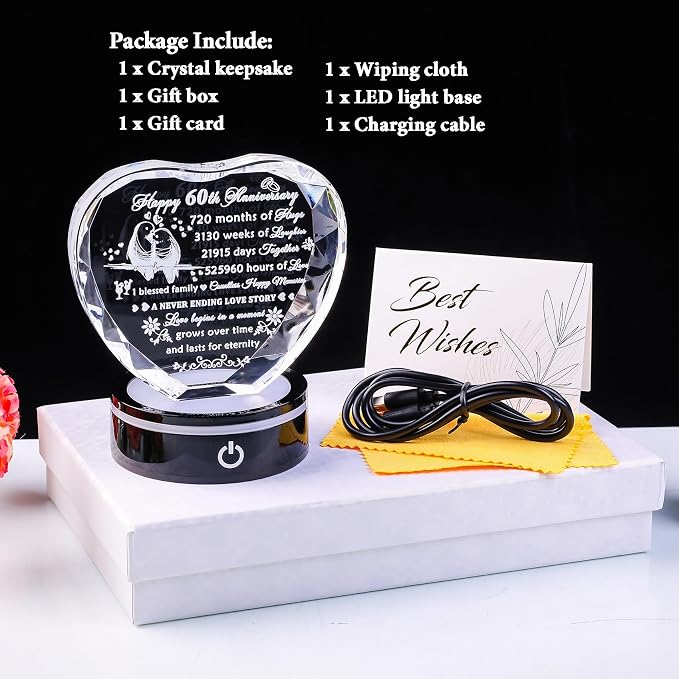 YWHL 60th Wedding Anniversary Crystal Heart Gifts for Parents Couple, Laser Engraved Romantic 60 Year Anniversary Crystal Keepsake Decorations Gifts for Wife Husband, 60 Years of Marriage Gifts