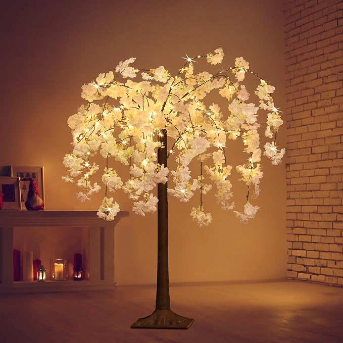 OUSHENG Lighted Cherry Blossom Tree LED Artificial Trees for Decoration Inside, Light up Fake Plant with Faux Flower for Home Wedding Party Festival Christmas Indoor Decor, Warm White, 4FT