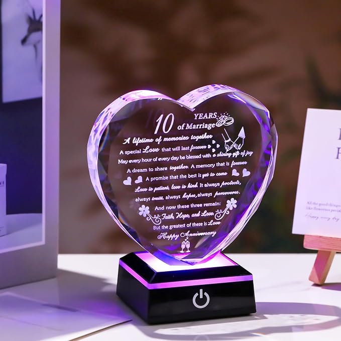 10th Wedding Anniversary Crystal Gifts for Couples with Colorful LED Base, 10th Anniversary Keepsake Gifts for Her Him, Romantic 10 Years of Marriage Heart Gift for Wife Husband