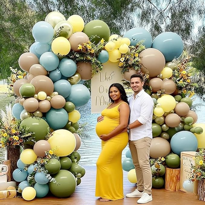 Blue Yellow Green Balloon Garland Double Stuffed Sage Green Dusty Blue Yellow Gold Balloons Pastel Balloon Arch Kit for Baby Shower Birthday Easter Gender Reveal Wedding Party Decorations