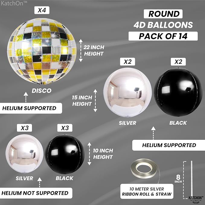 KatchOn, Disco Ball Balloons - Big 22 Inch, Pack of 14 | Black and Silver Balloons for Gold Party Decorations, Karaoke Party Decorations | 4D Sphere Metallic Balloons Disco Party Decorations