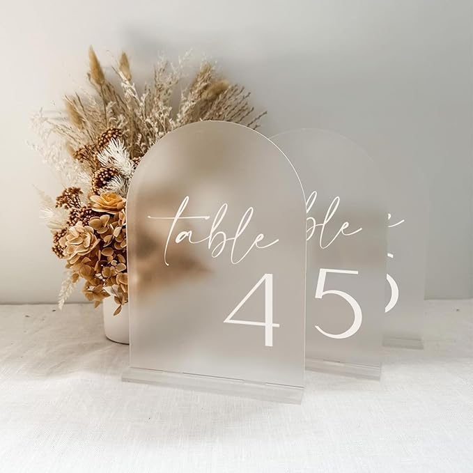 HOODO Frosted Arch Acrylic Table Numbers 1-15 with Stands, 5"x7" Acrylic Arch Signs and Holders, Frosted Table Numbers for Wedding Reception, Party, Anniversary, Event