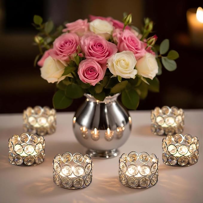 12 Pack Silver Metal Crystal Tea Light Candle Holders - 2.4"x1.6" Bulk Small Votive Candle Holders for Wedding, Home, Party Table Centerpiece Decorations