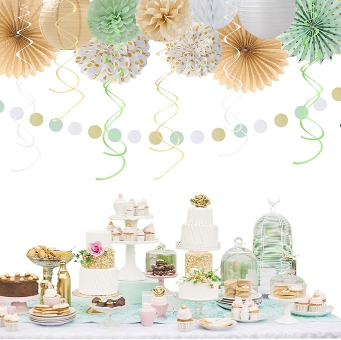 Champagne-Gold White Sage-Green Women Birthday Decorations Huglony | 21pcs Boho Party Happy Banner,Streamers,Paper Lanterns,Pom Poms Fans 13th 18th 21st 30th 40th 50th 60th Birthday Backdrop