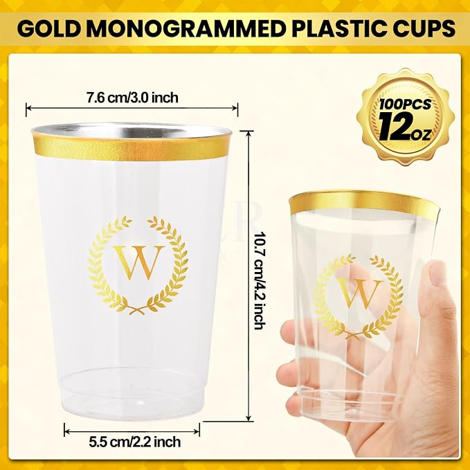 100 Pieces Monogrammed Plastic Cups Gold Foil Letter W Disposable Cups 12 oz Clear Initial Party Cups for Wedding Birthday Baby Shower Personalized Party Drinkware