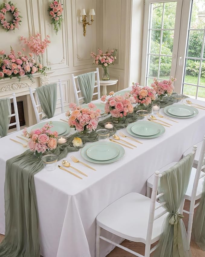 bUCLA 150PCS Green Plastic Plates - Sage Green with Gold Rim Disposable - Include 25 (Dinner & Dessert) Plates, 25 Knives, 25 Forks, 25 Spoons and 25 Cups for Party, Birthday & Spring