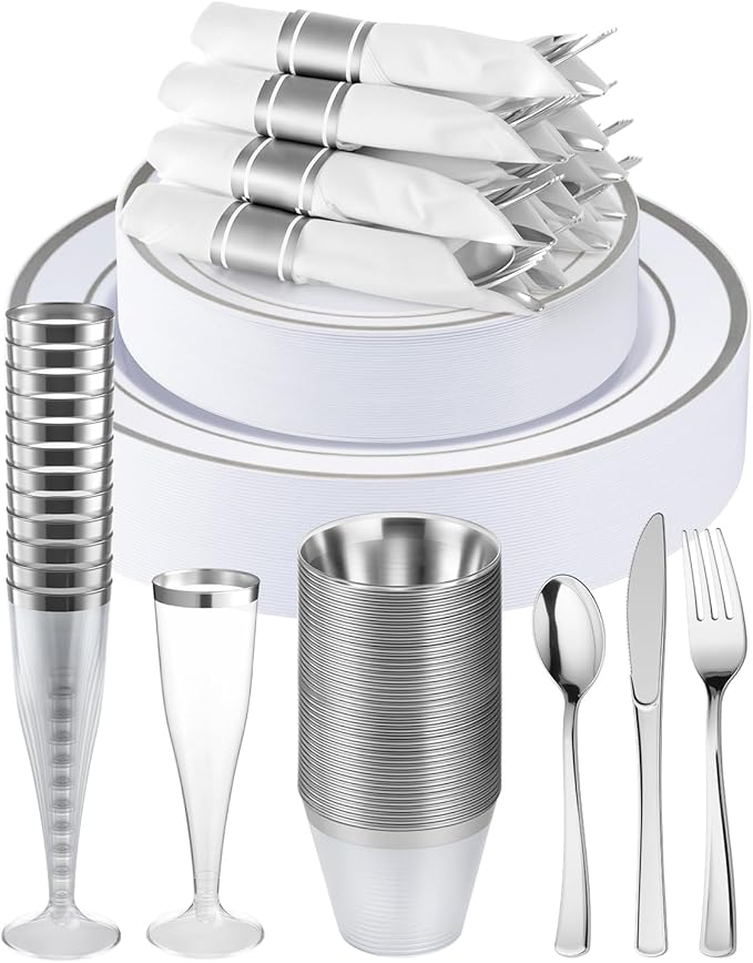 Goodluck 320 PCS Silver Disposable Plastic Dinnerware Set for 40 Guests, Include 40 Dinner Plates, 40 Dessert Plates, 40 Napkins with Silverware, 40 Cups, 40 Champagne Glasses, for Christmas, Wedding