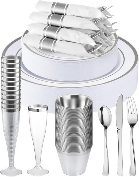 Goodluck 320 PCS Silver Disposable Plastic Dinnerware Set for 40 Guests, Include 40 Dinner Plates, 40 Dessert Plates, 40 Napkins with Silverware, 40 Cups, 40 Champagne Glasses, for Christmas, Wedding