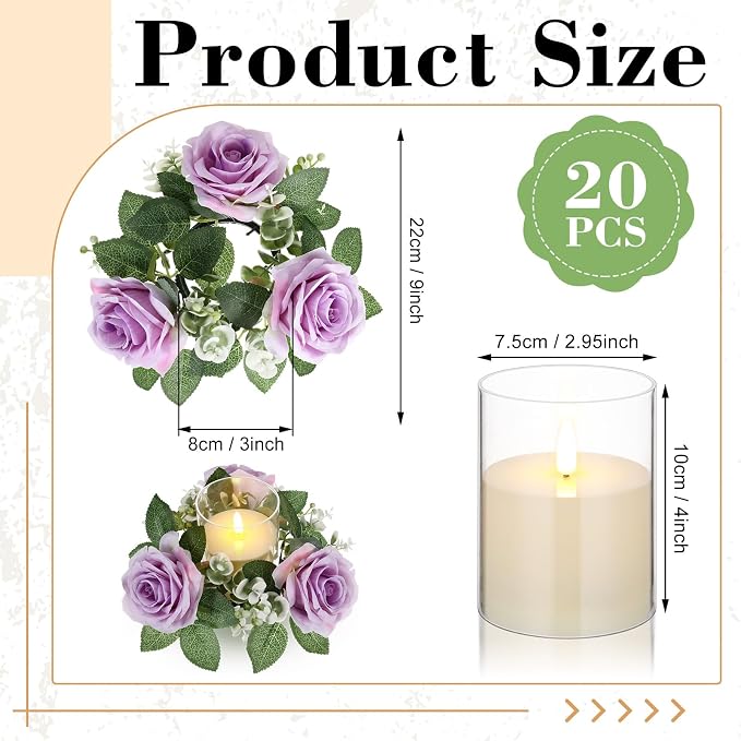 Yunlly 20 Pcs Rose Candle Rings with Flameless Candles Sets, Artificial Flower Eucalyptus Wedding Centerpiece 3 Inch Pillar Candleholders Wreaths for Wedding Party Mother's Day (Purple)