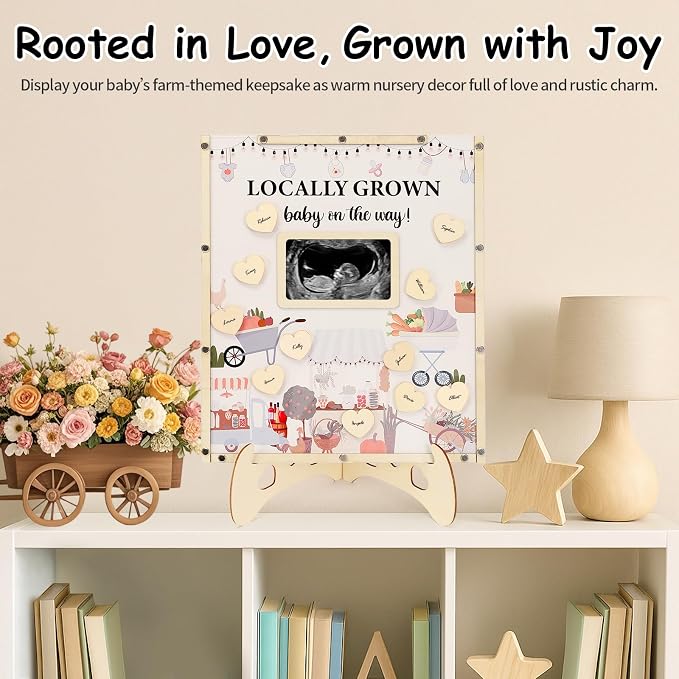 Locally Grown Baby Shower Decorations,Farmers Market Baby Shower Guest Book Alternatives with Pumpkin Pen,Photo Frame and 60 Heart Wood Slices for 60 Guests,Gender Reveal Decorations