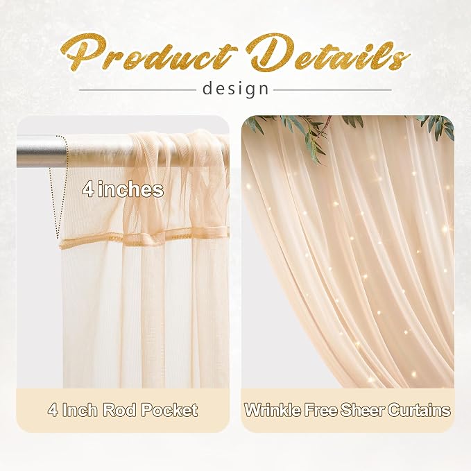 20x10ft Champagne Tulle Backdrop Curtain with Lights String for Parites, Sheer Photo Backdrop Curtains with Lights for Wedding Backdrop Ceremony Reception Bridal Shower Baby Shower Birthday Party