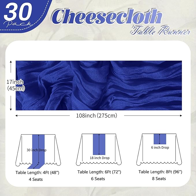 30 Pack Royal Blue Cheesecloth Table Runner 17 x 108 inch Cheese Cloth Table Runners 9ft Terracotta Table Runner Rustic Romantic Sheer Gauze Runner for Wedding Party Baby Shower Table Decoration