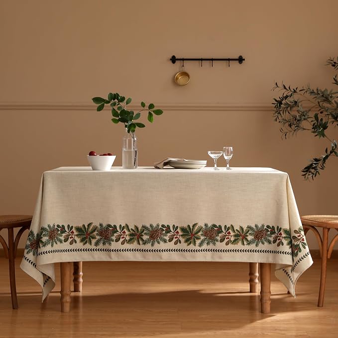 ISAENNE Designer Vintage Linen Rectangular Tablecloth,71"x55"-Carol G | French Elegant Beautiful Table Cloth for Rectangle Table,Light Beige,Decoration,Dining Room,Kitchen,Thanksgiving,Christmas