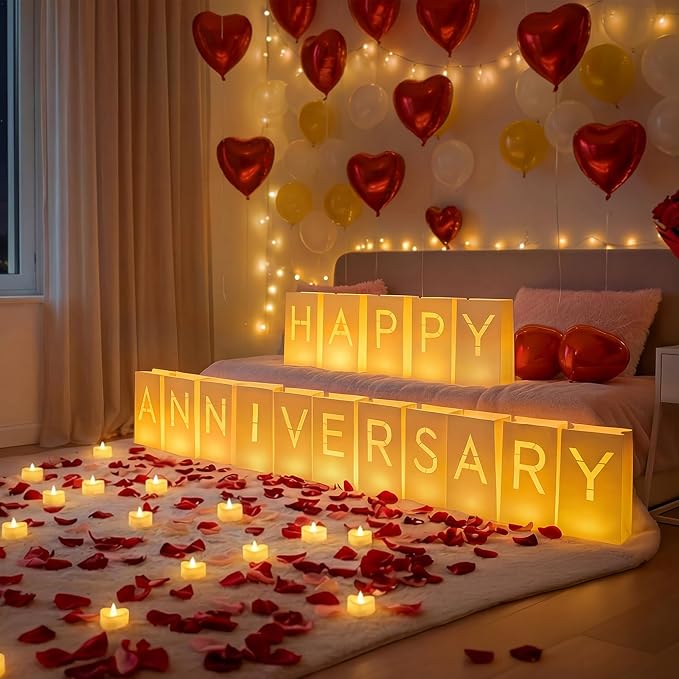 Happy Anniversary Decoration, Light Up Letters Luminaries Signs with Flameless Candles and Fake Rose Petals, Anniversary Romantic Party Decor