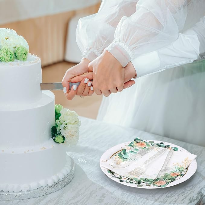 400 Pcs Sage Green Color Party Supplies Serve 50 Guests Eucalyptus Flowers Disposable Paper Plates Napkins and Cups for Bridal Baby Shower Birthday Wedding Party Decorations(Green,Elegant)
