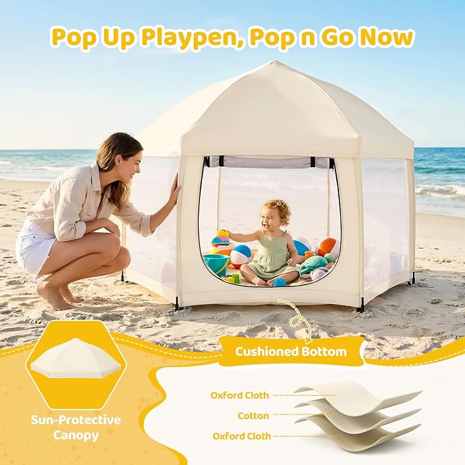 Dripex Pop Up Playpen w/t Built-in Pad & One-Click Safe Lock, Foldable Indoor/Outdoor Baby Playpen w/t Removable Canopy &Roll-Up Door & Top Mesh Window, Travel Pop and Go Beach Play Pen for Baby Beige