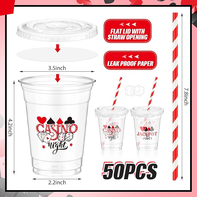 FoldTier 50 Pcs Casino Night Cups, 12 oz Disposable Plastic Cups with Straws and Lids for Home Casino Night Themed Holiday Party Supplies Favors