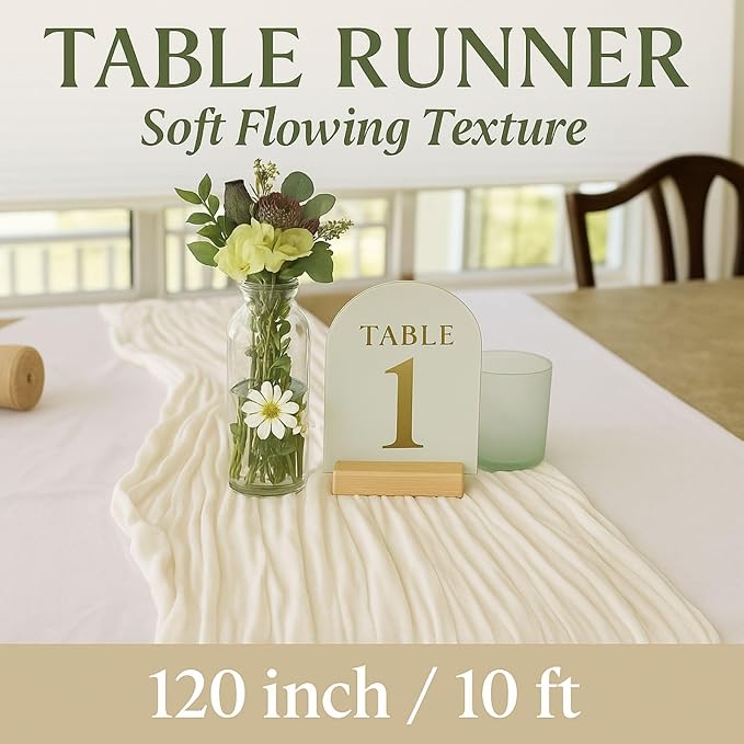 3 Pack Ivory 10FT Cheesecloth Table Runner –120 Inch White Gauze Table Runners for Wedding, Bridal Shower, Elegant Rustic Boho Reception Décor