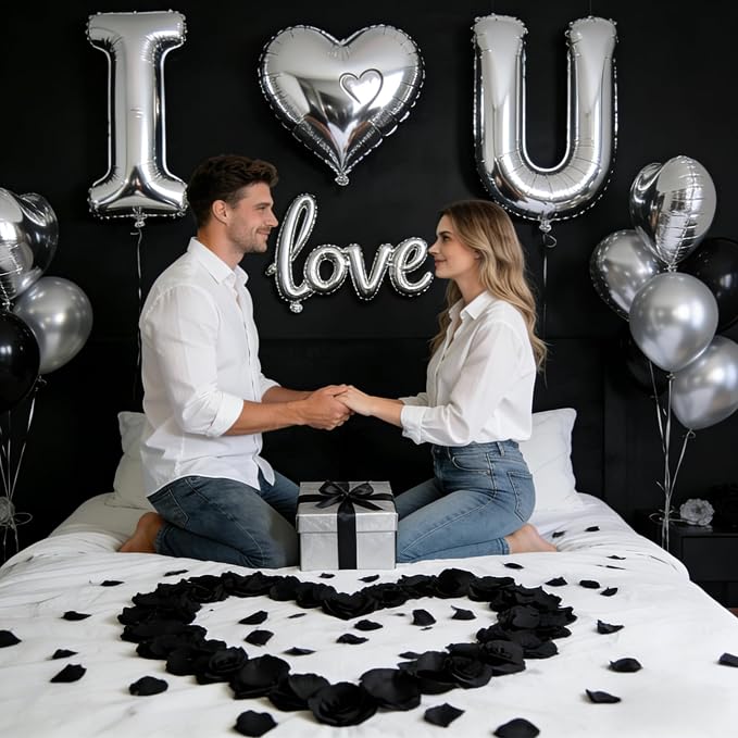 32 Inch I Love You Balloons Black and Silver Balloon with Heart Shaped, Love Foil Balloons and 1000 Pieces Rose Petals for Anniversary Valentine's Day Proposals Decorations (Black and Silver)