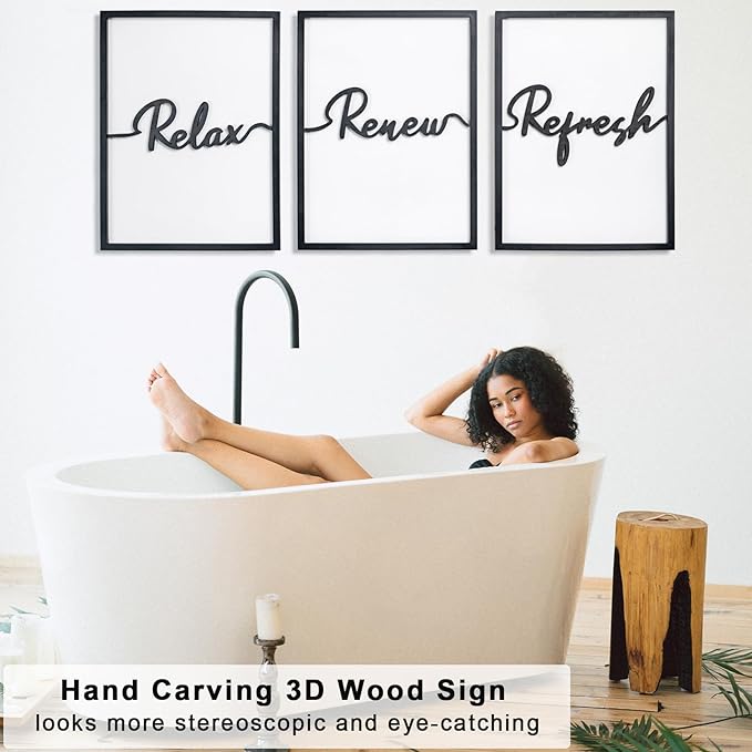 3D Wood Wall Art, 36" x 16" Framed Black and White Decor, 3D Bathroom Pictures for Wall Decor (Ready to Hang, Set of 3, Framed)