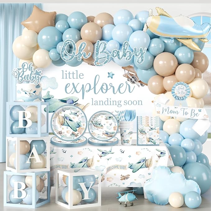 cocomigo Airplane Baby Shower Decorations for 25 Guests, 288PCS All-in-One Blue Baby Shower Decorations Boy Set with Banner, Balloon, Plates, Backdrop Cupcake Toppers & Centerpieces, Easy Setup