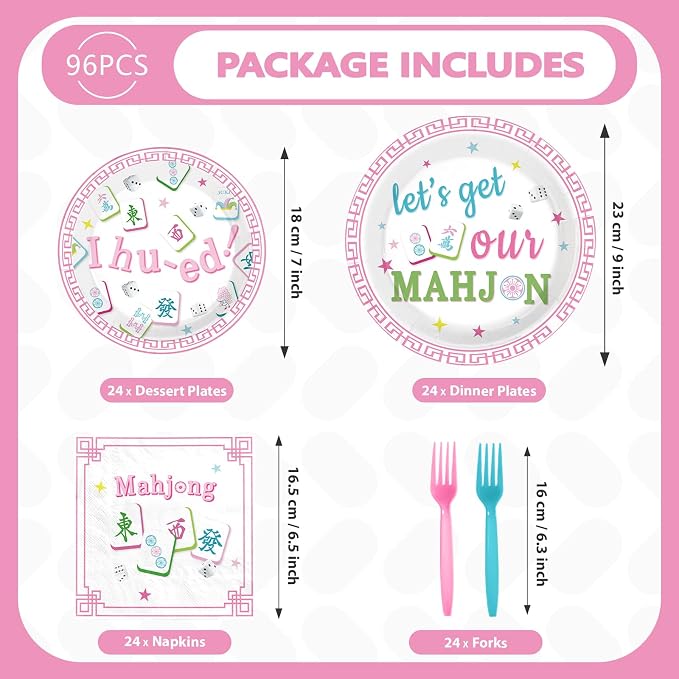 96Pcs Mahjong Party Supplies Mahjong Chinese Game Plates and Napkins Pastel Pink Green Tableware Set for Special Events Mah-Jong Game Night Girls Bachelorette Bridal Shower Birthday Supplies Serves 24