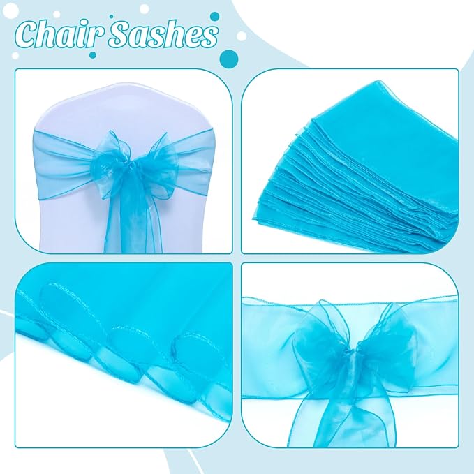 MDS® Pack of 75 Organza Chair Sashes for Wedding Decoration, Reusable Sheer Chair Bows for Banquet Chair Cover, Reception, Bridal Shower, Baby Shower, Birthday Party & Special Events - Light Teal