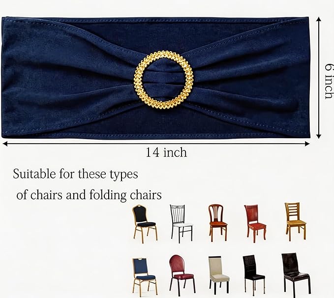 Pack of 50 Spandex Navy Blue Chair Sashes with Gold Buckles, Stretch Chairs Sashes for Wedding Party Baby Shower Ceremony Event Decorations Chair Bands Bows (Navy Blue Sashes, Gold Buckles)