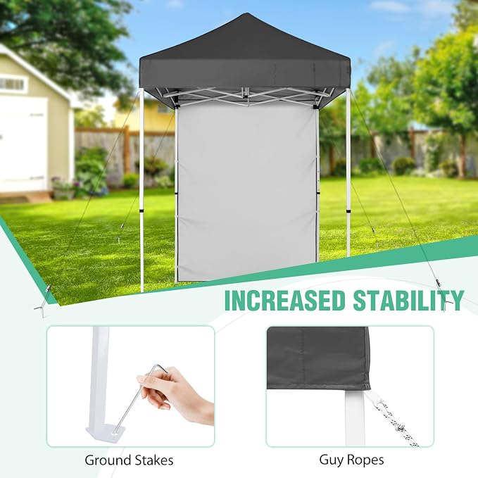 5x5 Pop Up Canopy Tent with One Sidewall, Instant Portable Beach Canopy, Outdoor Tent with Carry Bag for Camping, Sports, Tailgating, Events, Gray