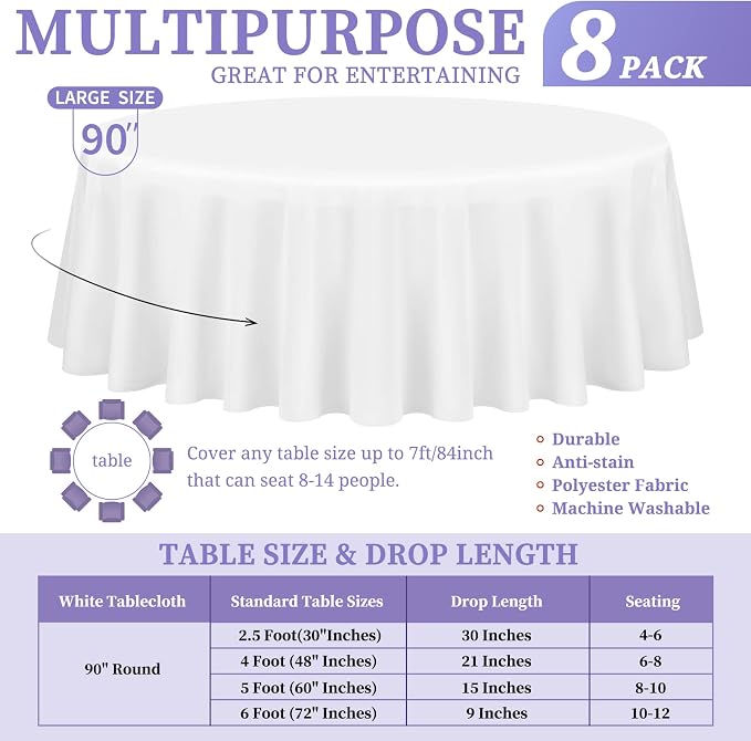 8 Pack White Round Tablecloths - 90 Inch Round Table Cloths Washable Polyester Tablecloths for Wrinkle Resistant Decorative Fabric Table Cover for Dining Wedding Party Banquet