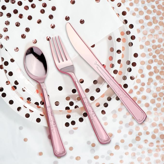176 Pieces Gold Disposable Party Dinnerware Set &Golden Dot Disposable Party Dinnerware - Black Paper Plates Napkins Cups, Gold Plastic Forks Knives Spoons (25 Guests,176 Pieces)