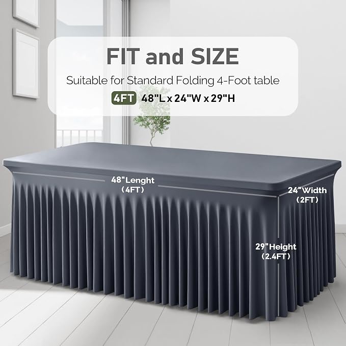 1 Pack Grey Table Clothes for 4 Foot Rectangle Tables, One-Piece Wrinkle Resistant Stretch Spandex Table Covers with Skirt for Event Banquet Wedding Birthday Party