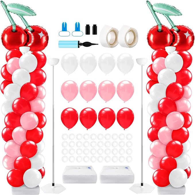 Kasyat 2 Set Cherry Balloon Column Stand Kit with Adjustable Balloon Arch Kit Red Cherry Party Supplies for Girls Summer Fruit Wedding Baby Shower Birthday Party Supplies